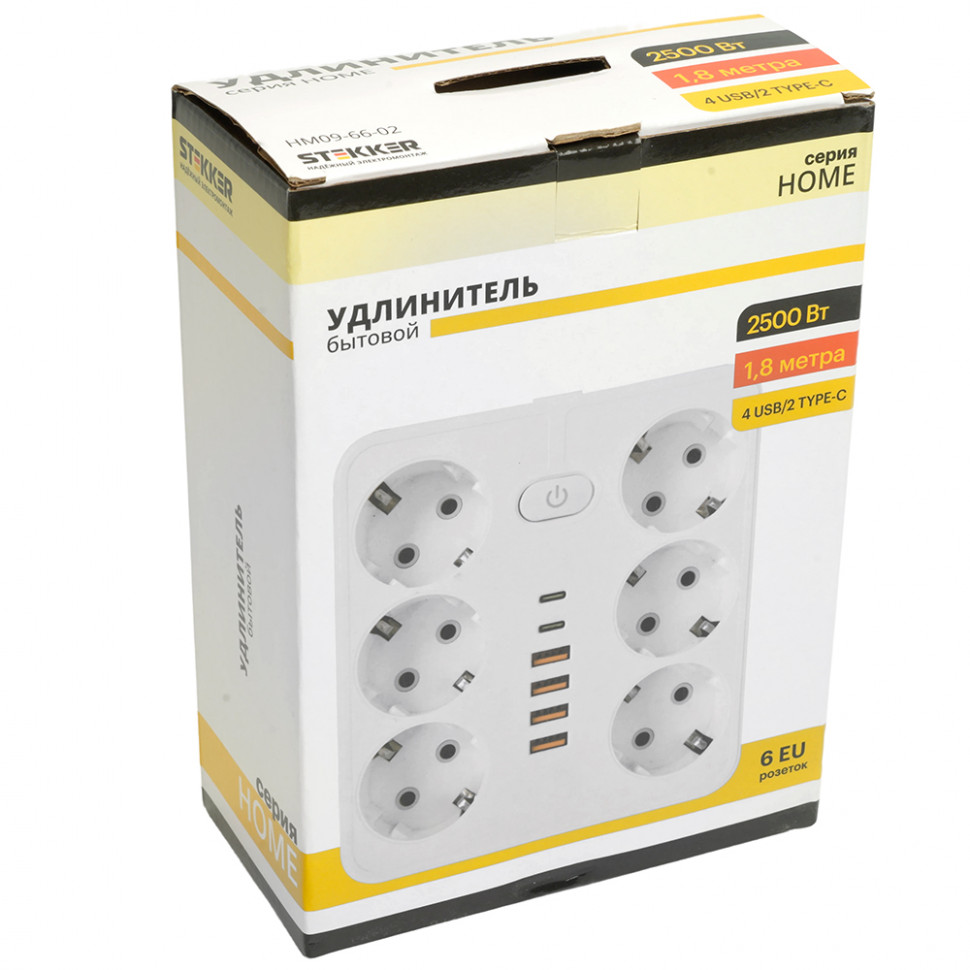 Удлинитель 6-местный c/з 3x1 мм2, 1,8 м, 250В, 10А, 4USB+2Type-C 2,4А, серия Home plus, белый STEKKER HM09-66-02, артикул STEKKER 49975