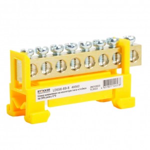 49562 Шина &quot;PE&quot; на изоляторе STEKKER LD556-69-8 на DIN-рейку стойка 8 выводов 6х9, желтый Шина "PE" на изоляторе STEKKER LD556-69-8 на DIN-рейку стойка 8 выводов 6х9, желтый