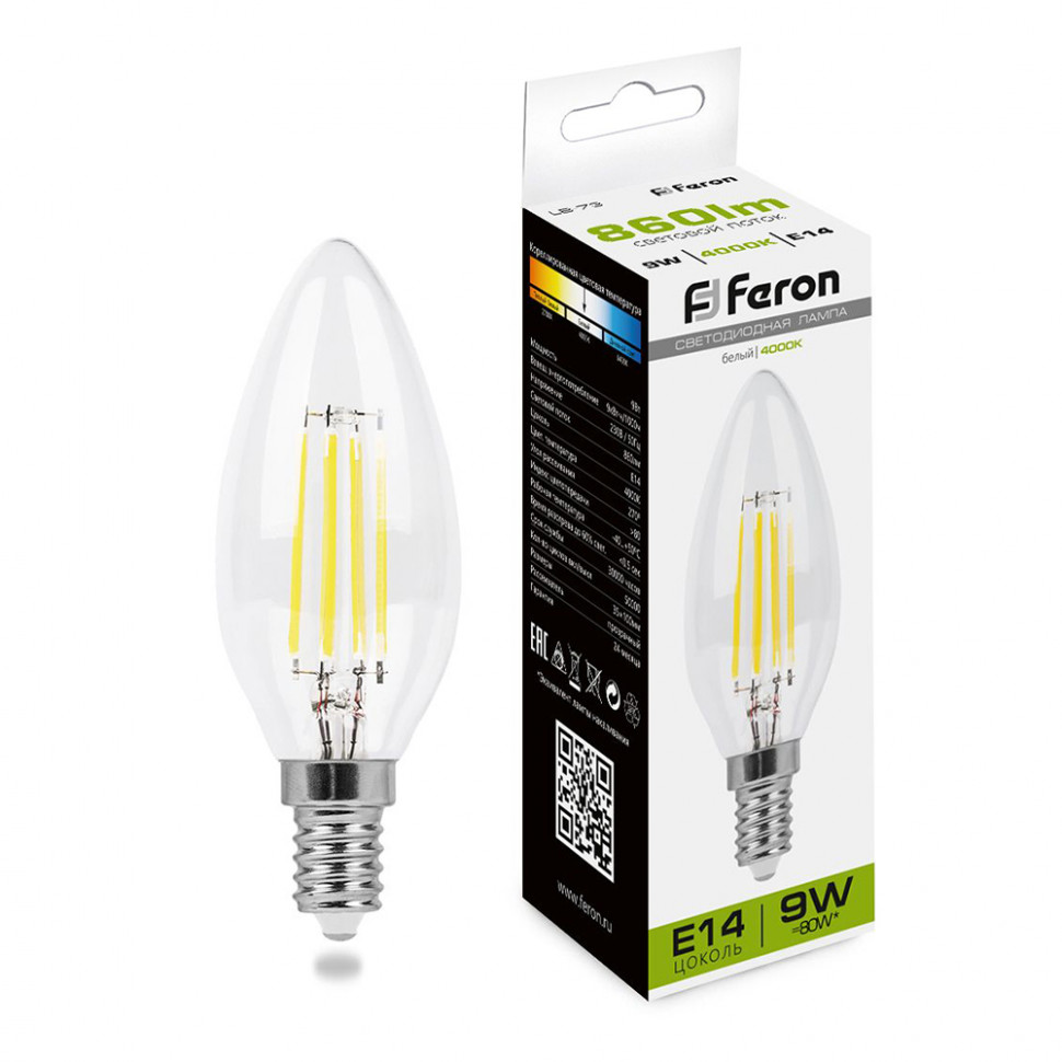 Лампа светодиодная Feron LB-73 Свеча E14 9W 230V 4000K, артикул FERON 25958