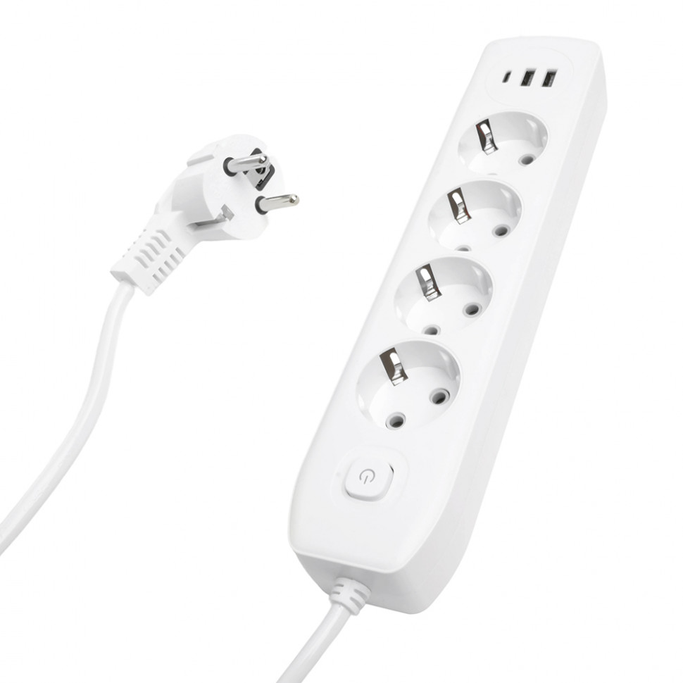 Удлинитель 4-местный c/з 3x1 мм2, 3 м, 250В, 10А, 2USB+1Type-C 2,4А, серия Home plus, белый STEKKER HM08-43-02, артикул STEKKER 49978