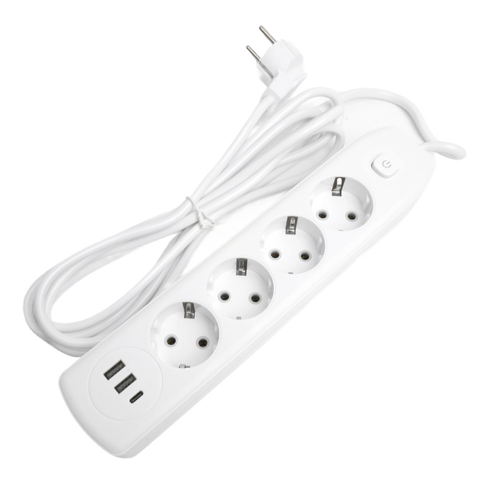Удлинитель 4-местный c/з 3x1 мм2, 3 м, 250В, 10А, 2USB+1Type-C 2,4А, серия Home plus, белый STEKKER HM08-43-02, артикул STEKKER 49978