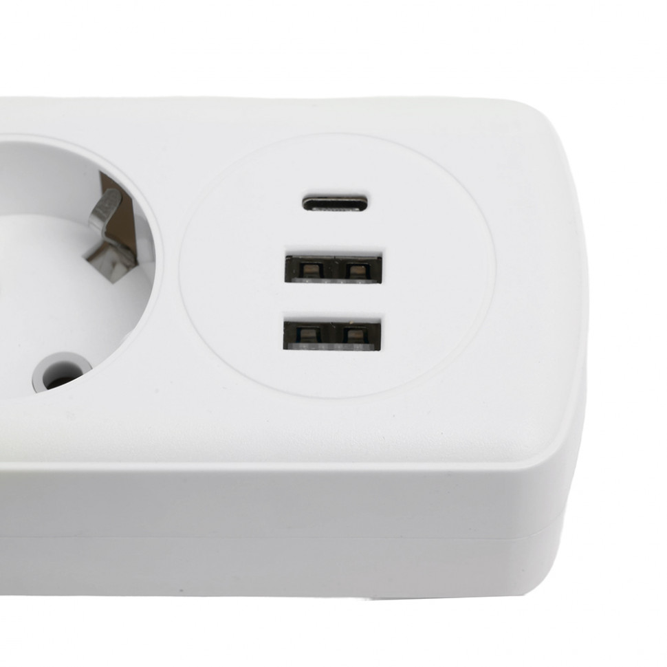 Удлинитель 4-местный c/з 3x1 мм2, 3 м, 250В, 10А, 2USB+1Type-C 2,4А, серия Home plus, белый STEKKER HM08-43-02, артикул STEKKER 49978