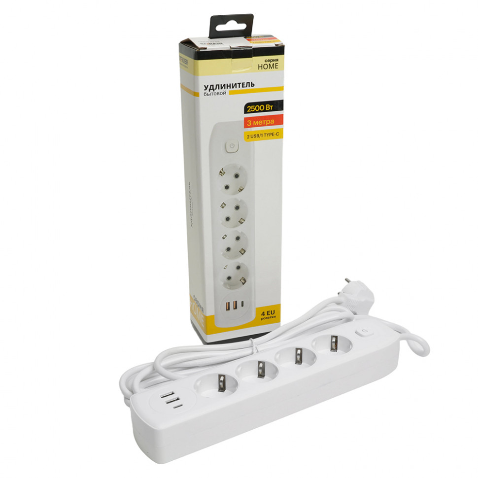 Удлинитель 4-местный c/з 3x1 мм2, 3 м, 250В, 10А, 2USB+1Type-C 2,4А, серия Home plus, белый STEKKER HM08-43-02, артикул STEKKER 49978