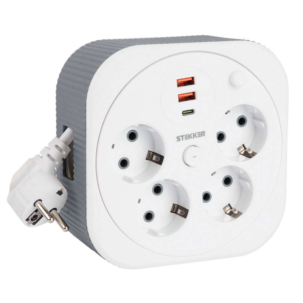 HM16-4-03-USB  Удлинитель 4-местный с/з, 3x1,5мм2, 3м, 230В, 16А, 2USB+1С, 2,4А,белый, артикул STEKKER 50835