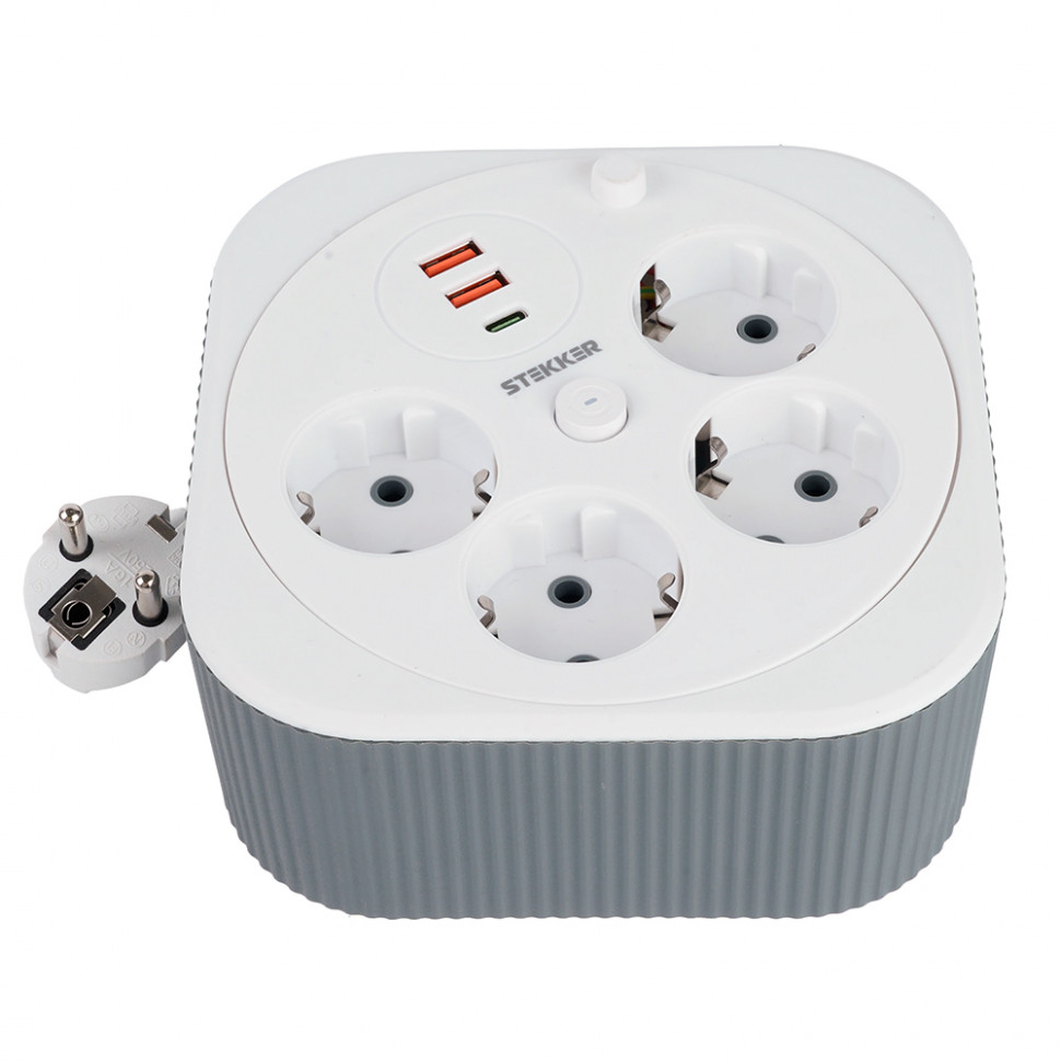 HM16-4-03-USB  Удлинитель 4-местный с/з, 3x1,5мм2, 3м, 230В, 16А, 2USB+1С, 2,4А,белый, артикул STEKKER 50835
