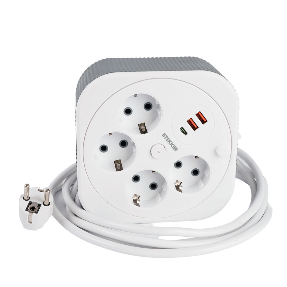 HM16-4-03-USB  Удлинитель 4-местный с/з, 3x1,5мм2, 3м, 230В, 16А, 2USB+1С, 2,4А,белый, артикул STEKKER 50835