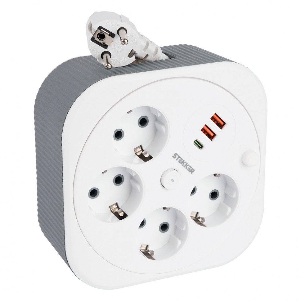HM16-4-03-USB  Удлинитель 4-местный с/з, 3x1,5мм2, 3м, 230В, 16А, 2USB+1С, 2,4А,белый, артикул STEKKER 50835
