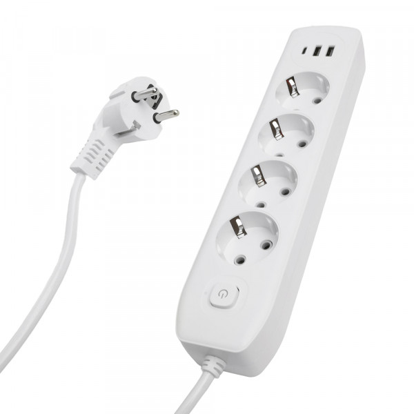 Удлинитель 4-местный c/з 3x1 мм2, 1,8 м, 250В, 10А, 2USB+1Type-C 2,4А, серия Home plus, белый STEKKER HM08-43-02