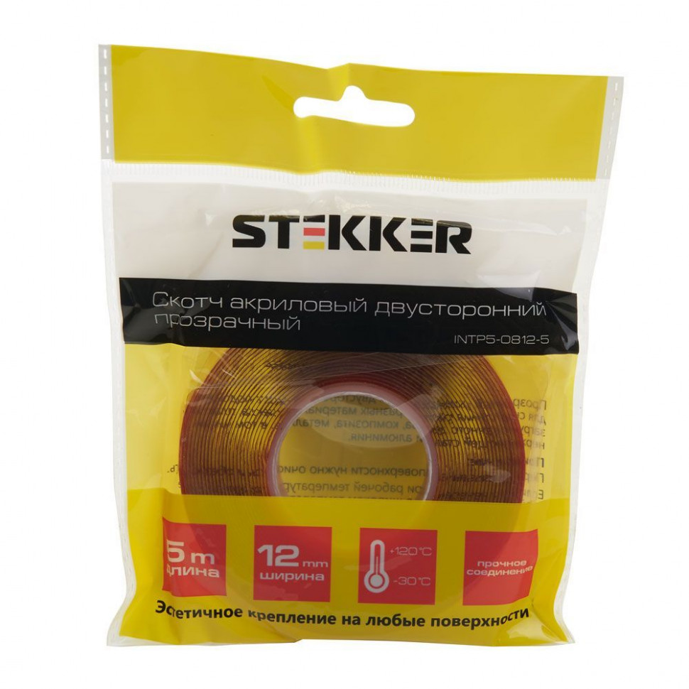 Скотч акриловый двусторонний STEKKER INTP5-0812-5 0,8*12 мм,длина 5м, прозрачный , красная подложка, артикул STEKKER 39145