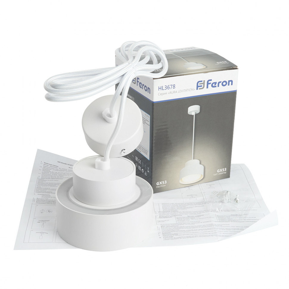 Светильник потолочный Feron HL3678 Barrel AURA levitation 12W, 230V, GX53, белый, на подвесе 1,7 м, артикул FERON 48410