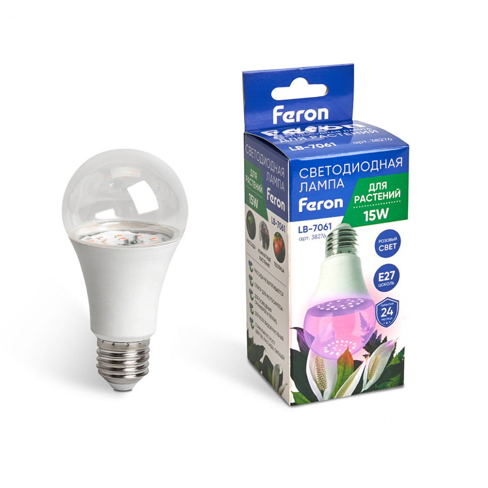 Лампа светодиодная для растений А60 Feron LB-7061 E27 15W 175-265V красно-синий спектр, артикул FERON 38276