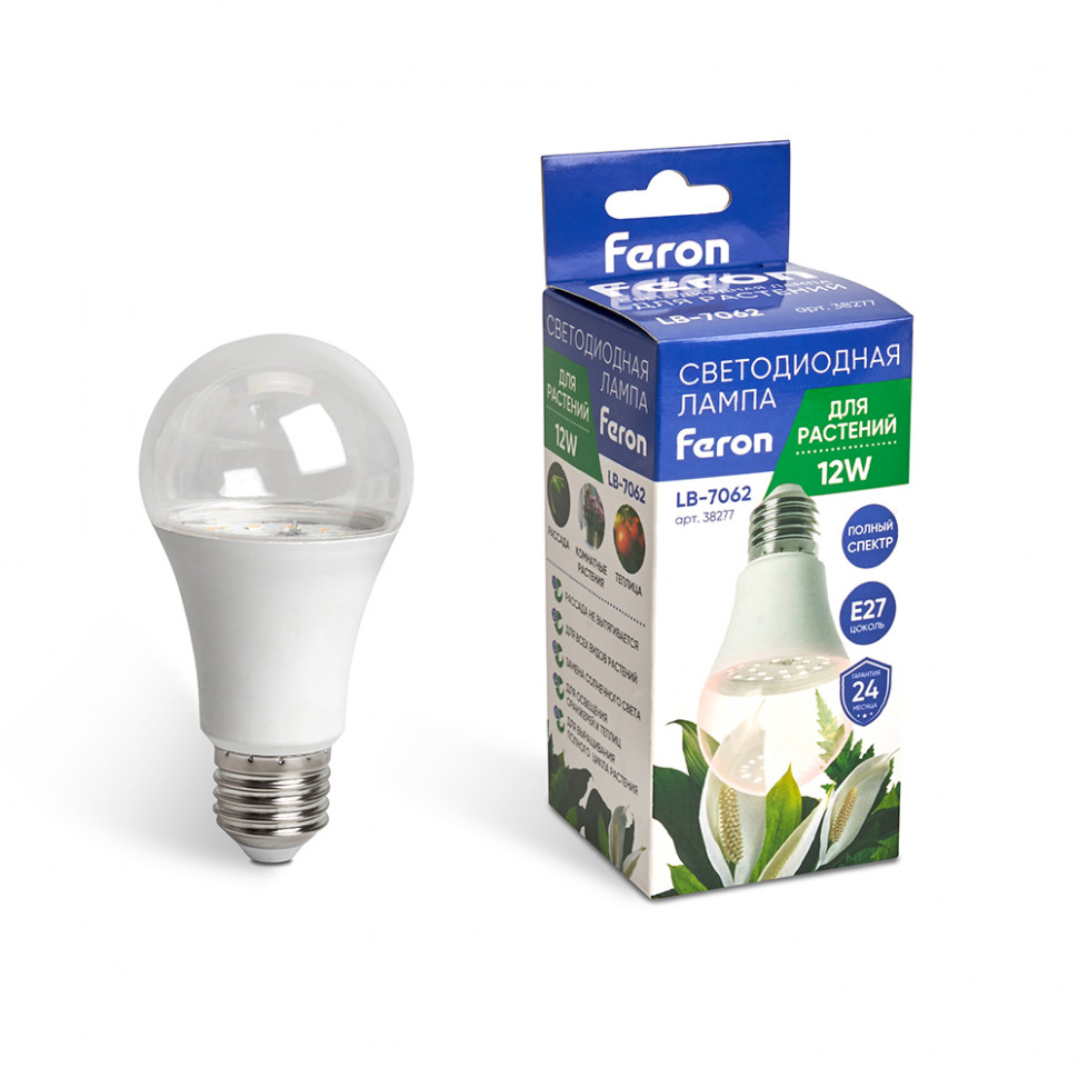 Лампа светодиодная для растений А60 Feron LB-7062 E27 12W 175-265V полный спектр, артикул FERON 38277