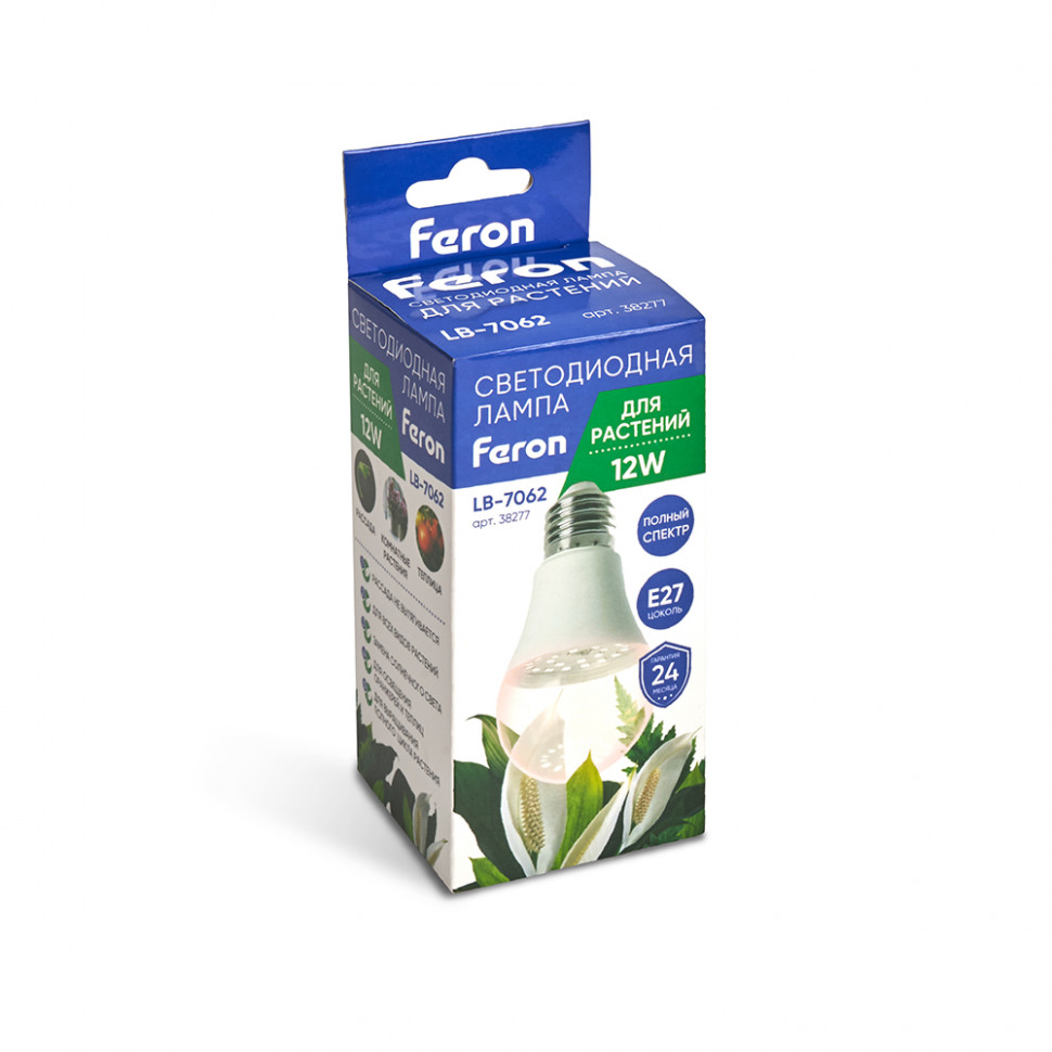 Лампа светодиодная для растений А60 Feron LB-7062 E27 12W 175-265V полный спектр, артикул FERON 38277