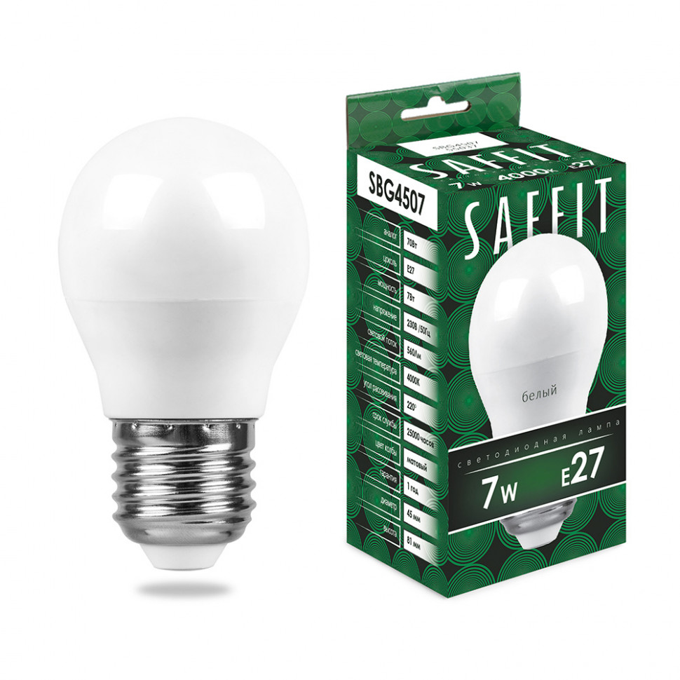 Лампа светодиодная SAFFIT SBG4507 Шарик E27 7W 230V 4000K, артикул SAFFIT 55037