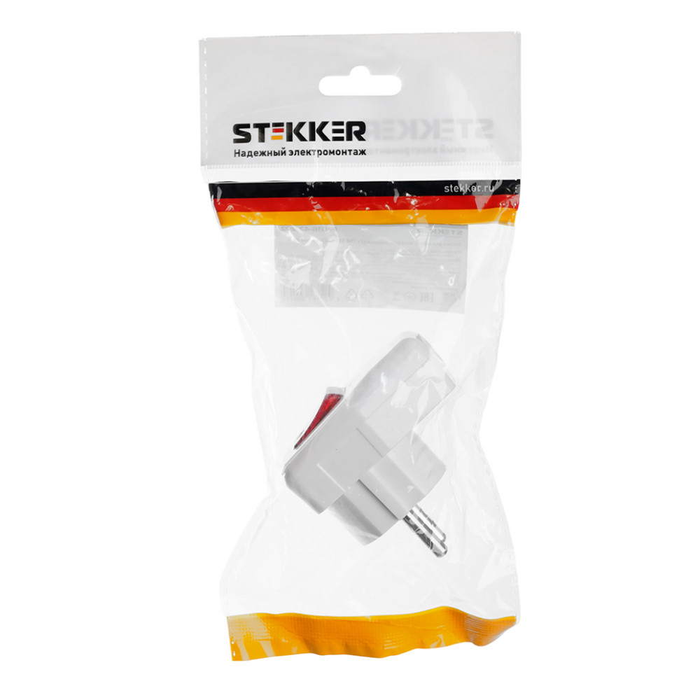 Вилка угловая с выключателем с/з STEKKER, PPG16-43-202, 250В, 16A, IP20, белый, артикул STEKKER 39004