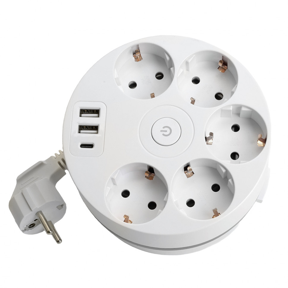 HM10-51-01 Удлинитель 5-местный с/з, 3x1мм2, 2.5м, 250В, 16А, 2USB+С 5V 3,1А, серия Comfort, белый, артикул STEKKER 49591