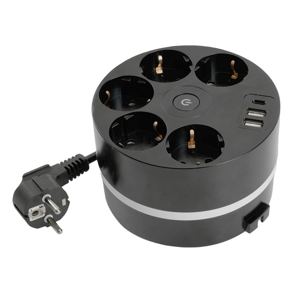 HM10-51-01 Удлинитель 5-местный с/з, 3x1мм2, 2.5м, 250В, 16А, 2USB+С 5V 3,1А, серия Comfort, черный, артикул STEKKER 49656