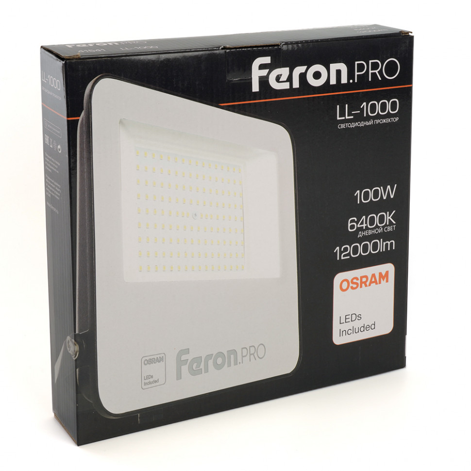 Светодиодный прожектор Feron.PRO LL-1000 IP65 100W 6400K  черный, артикул FERON 41541