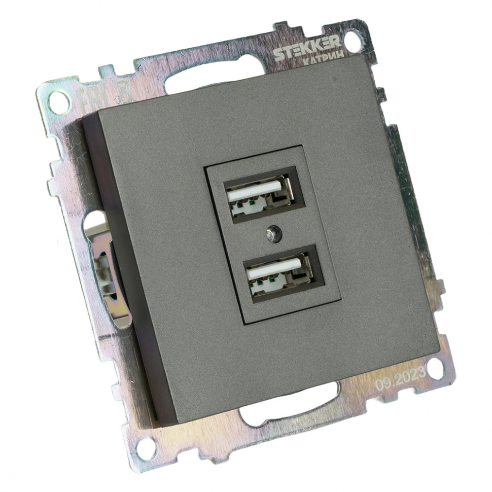 Розетка 2-местная USB (механизм), 250В, 2,1А, серия Катрин, графит, GLS10-7115-06, артикул STEKKER 49422