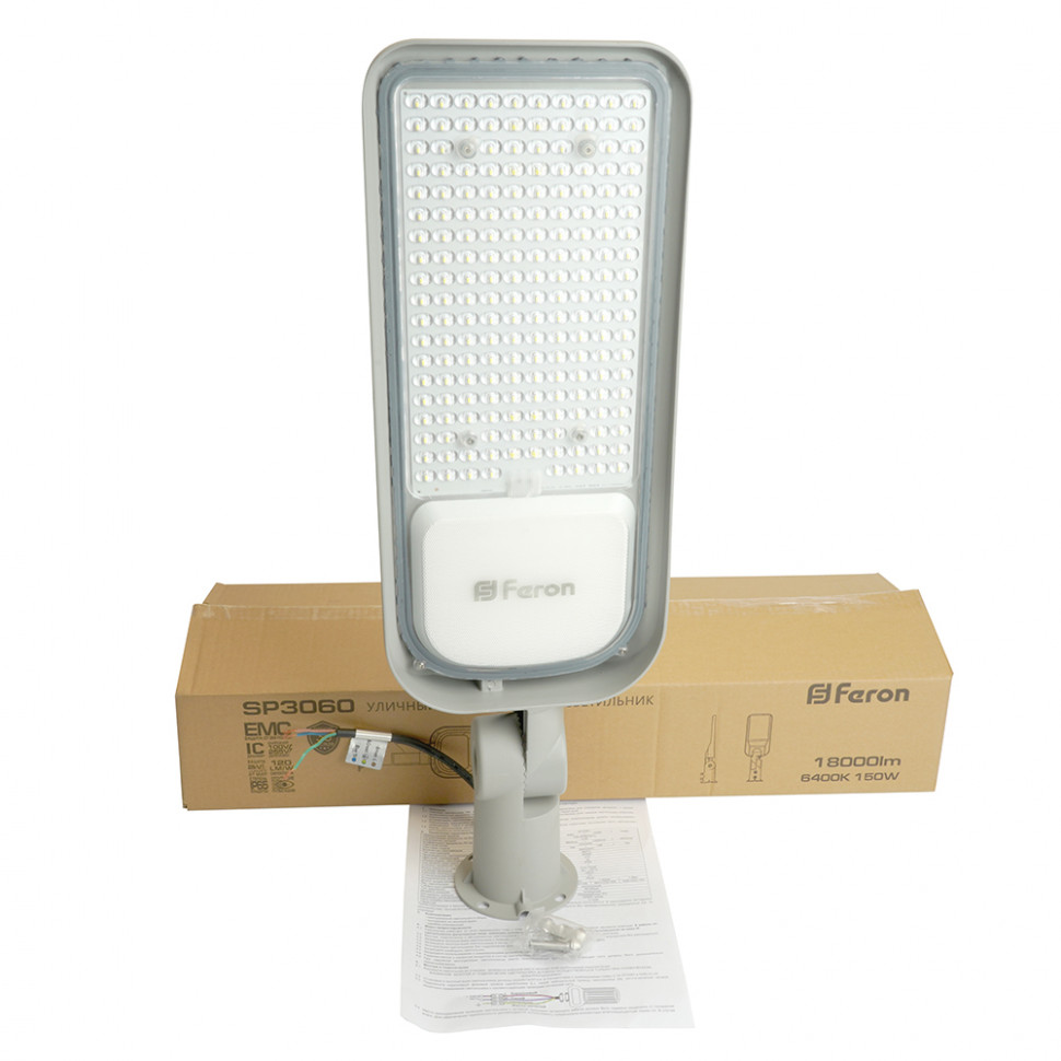 Светодиодный уличный консольный светильник Feron SP3060 150W 6400K 100-265V/50Hz, серый, артикул FERON 48688