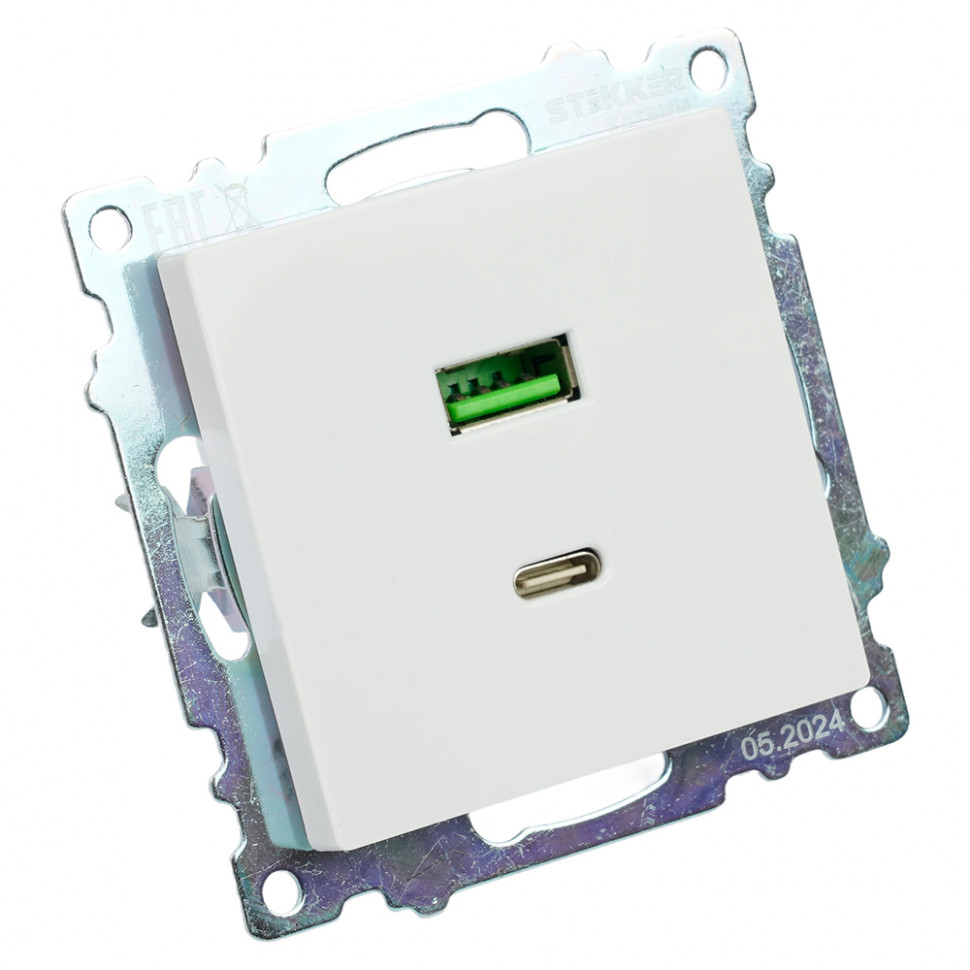 Розетка USB 2-местная + type C (механизм), STEKKER GLS10-7116-01, 250В, 3А, max 20W, серия Катрин, белый, артикул STEKKER 50051