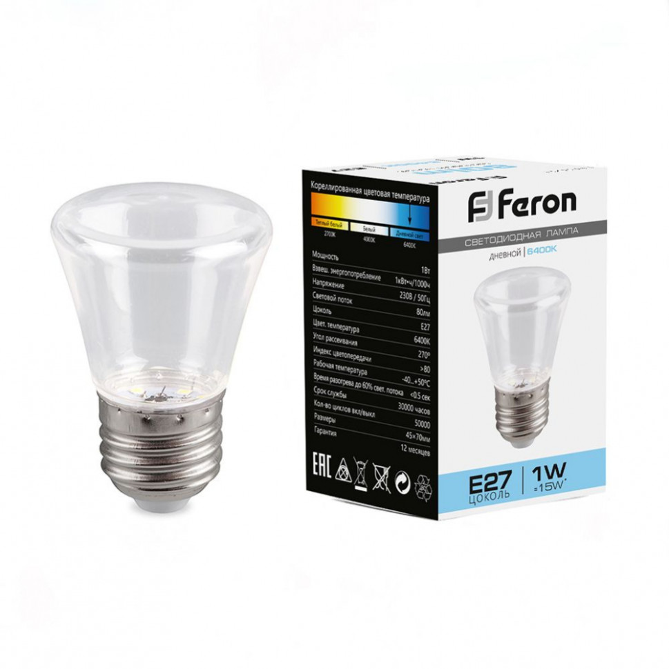 Лампа светодиодная Feron LB-372 Колокольчик прозрачный E27 1W 6400K, артикул FERON 25908