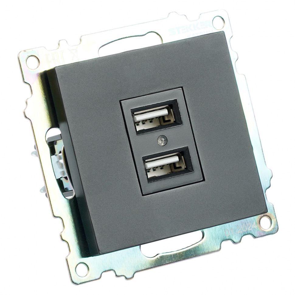 Розетка USB 2-местная (механизм), STEKKER GLS10-7115-05, 250B, 2,1А, серия Катрин, черный, артикул STEKKER 39616