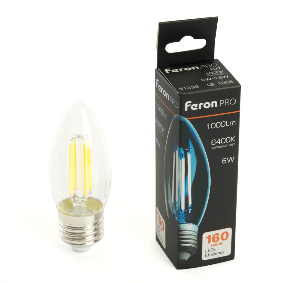Лампа светодиодная Feron.PRO LB-1206 Свеча E27 1000LM 6W 175-265V 6400K, артикул FERON 51240