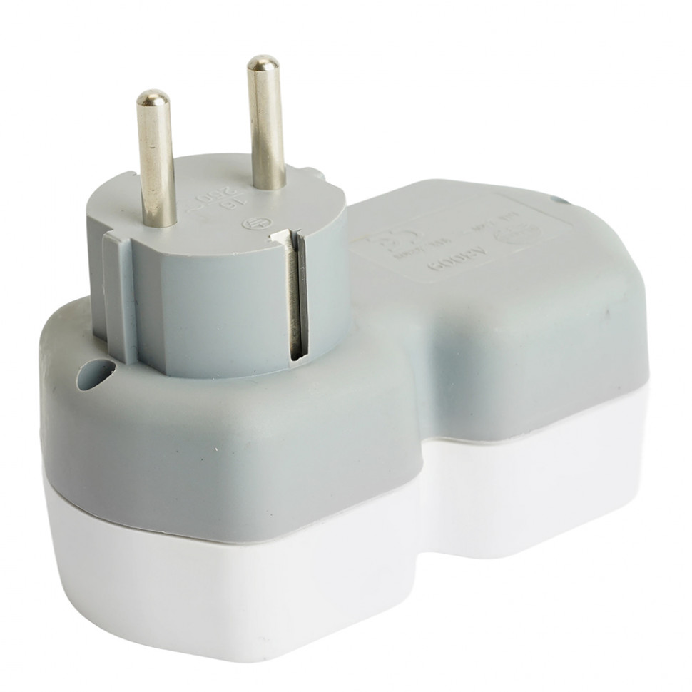 Разветвитель сетевой 2-местный с/з STEKKER ADP16-12-20, 250V,16A, ABS огнеустойчивый пластик, белый/серый, артикул STEKKER 32870