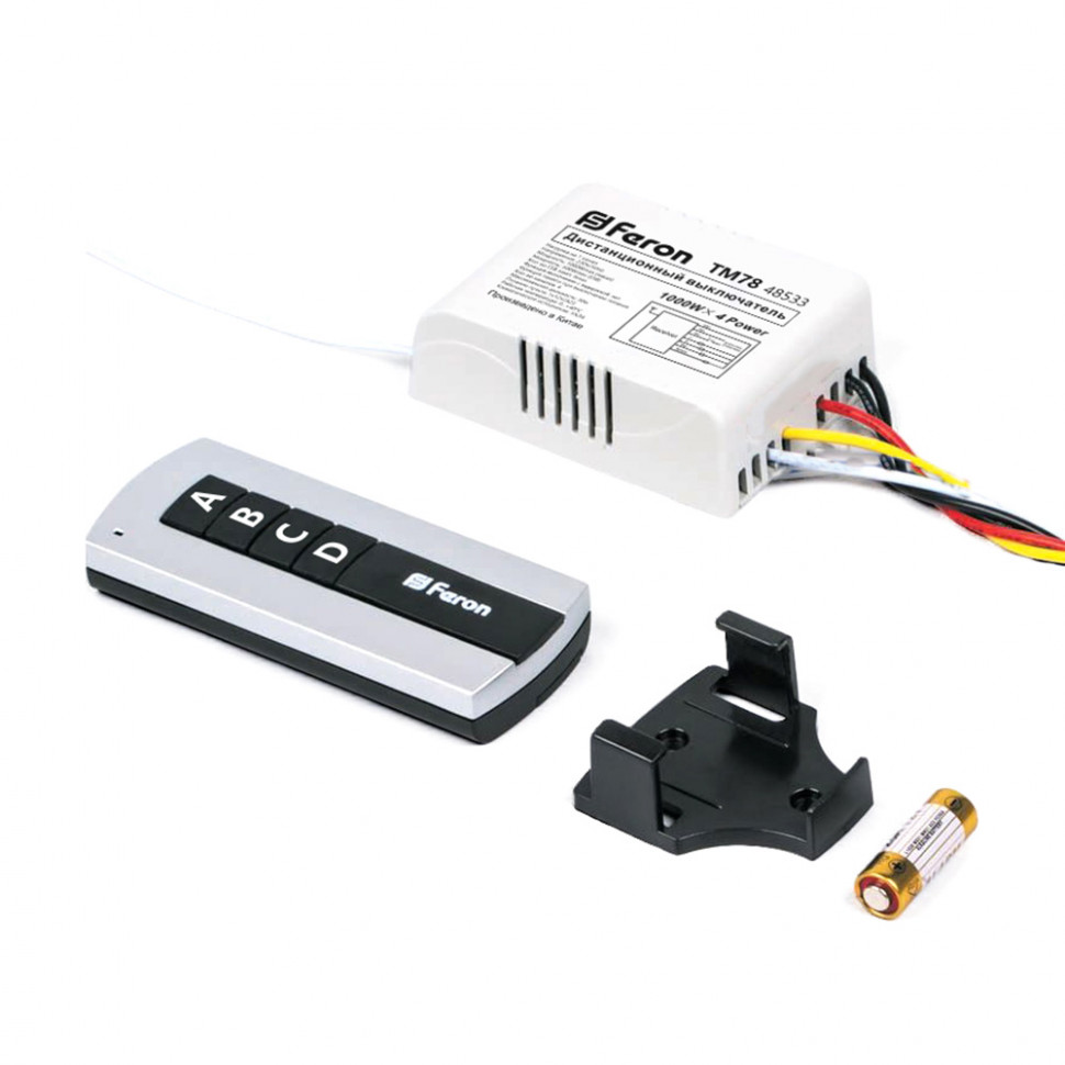 TM78 Выключатель дистанционный 230V 1000W 4-х канальный 30м с пультом управления, черный/серебро, артикул FERON 48533