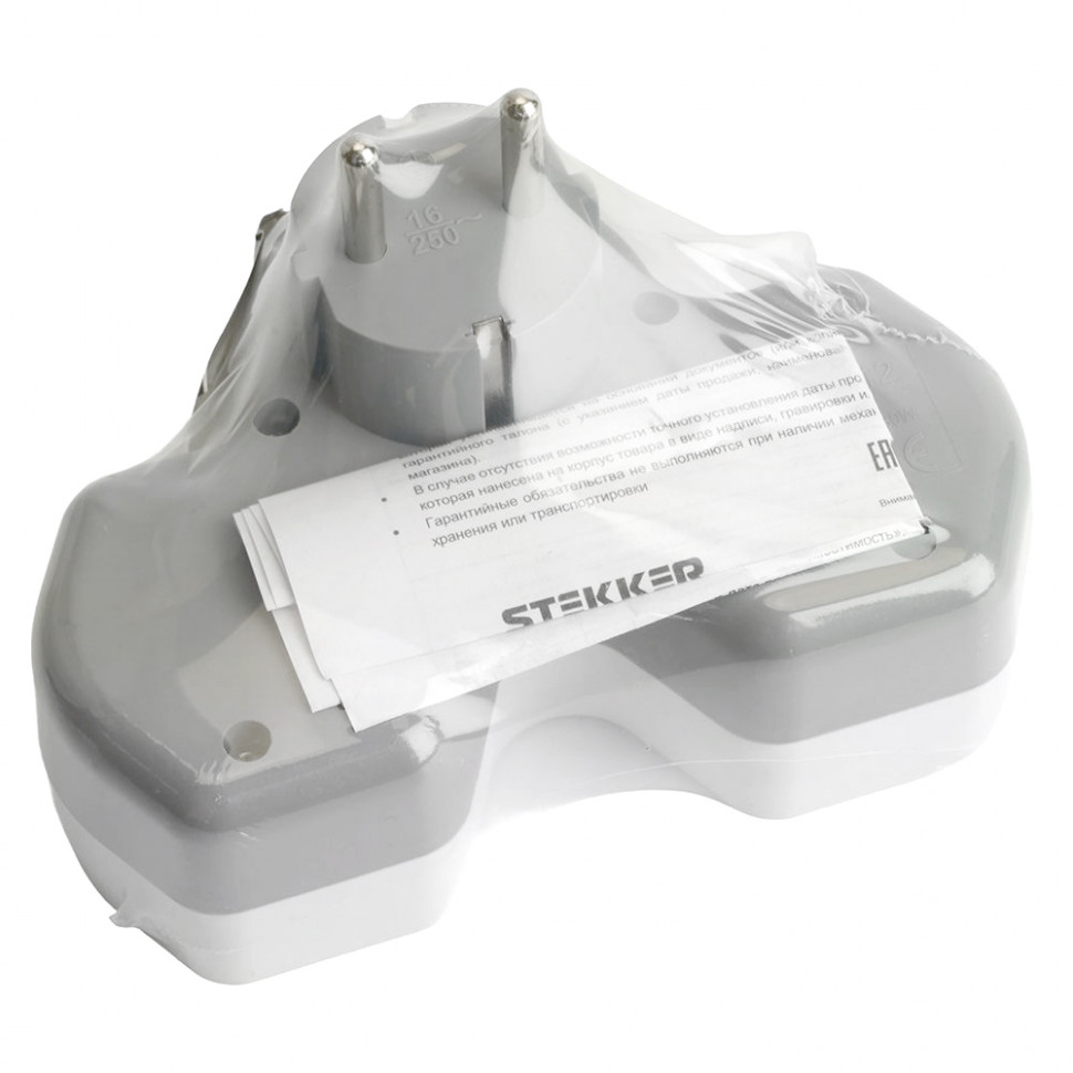 Разветвитель сетевой 3-местный с/з STEKKER ADP16-13-20, 250V,16A, ABS огнеустойчивый пластик,белый/серый, артикул STEKKER 32871
