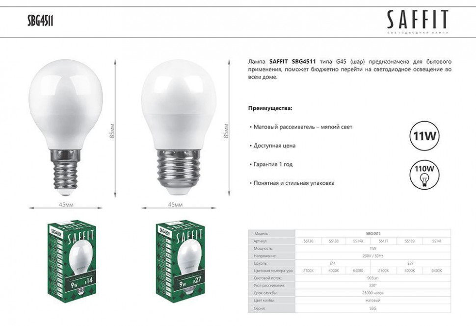 Лампа светодиодная SAFFIT SBG4511 Шарик E27 11W 230V 4000K, артикул SAFFIT 55139