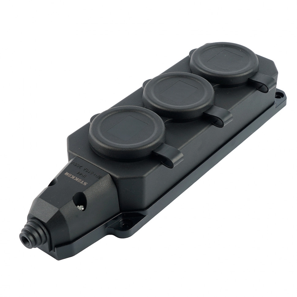 Розетка переносная 3-местная c/з STEKKER,RST16-3-44, 250В, 16А, IP44, черный, артикул STEKKER 50806