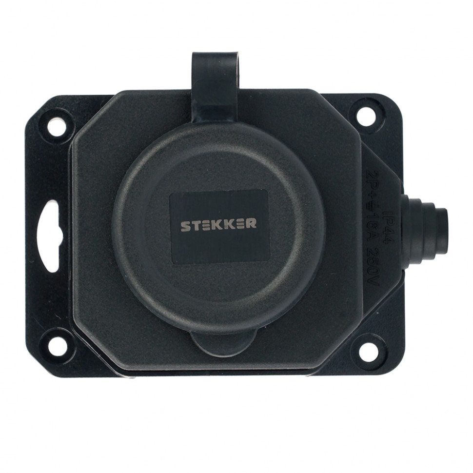 Розетка переносная 1-местная c/з STEKKER, RST16-1-44, 250В, 16А, IP44, черный, артикул STEKKER 50804