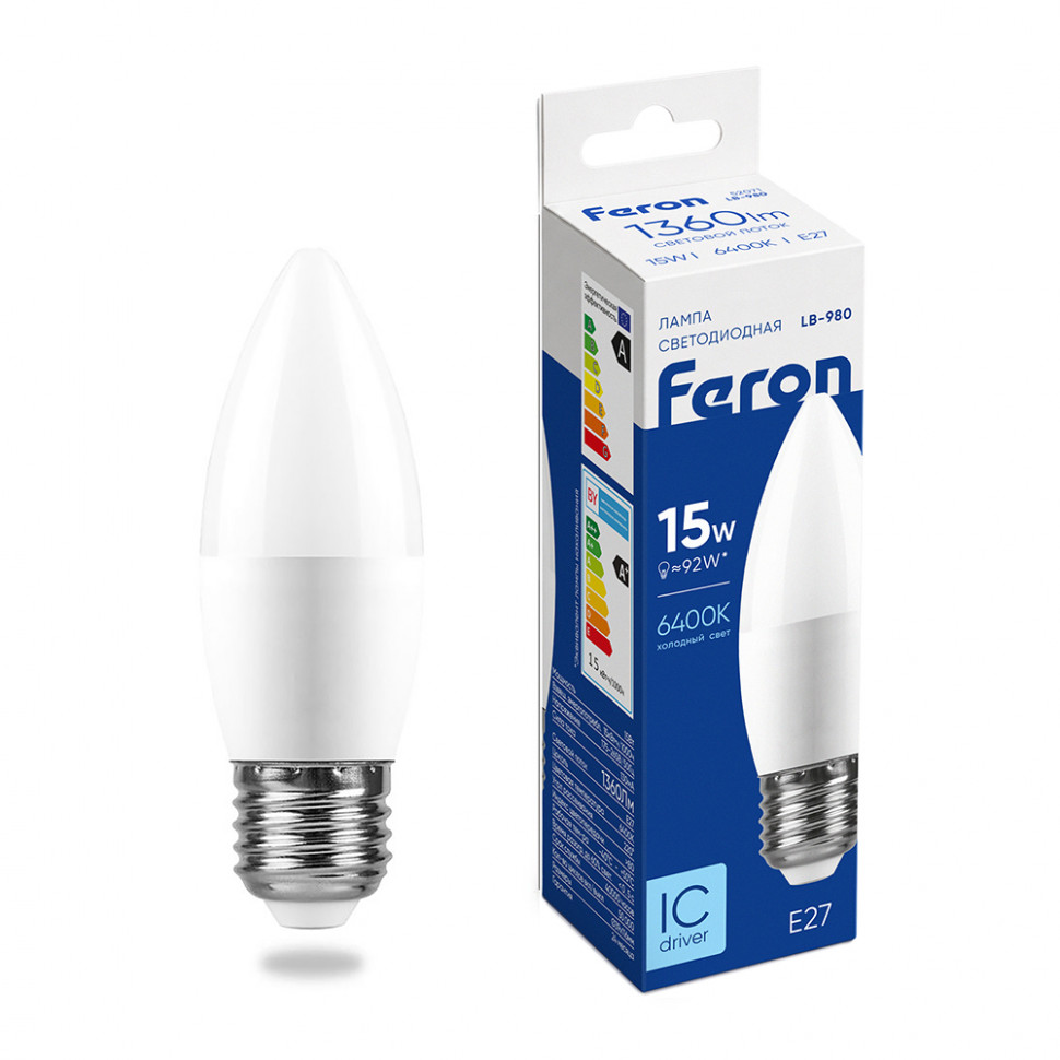 Лампа светодиодная Feron LB-980 Свеча E27 15W 175-265V 6400K, артикул FERON 52071