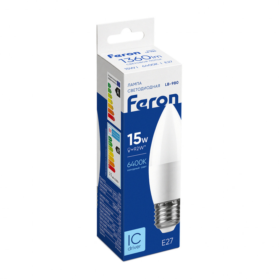 Лампа светодиодная Feron LB-980 Свеча E27 15W 175-265V 6400K, артикул FERON 52071