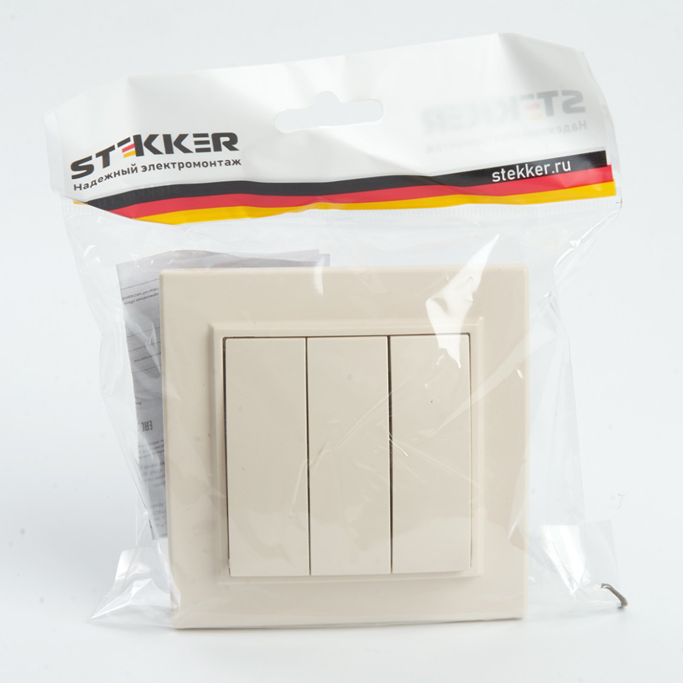 Выключатель 3-клавишный STEKKER  PSW10-9007-02, 250В, 10А, серия Эрна, слоновая кость, артикул STEKKER 39923