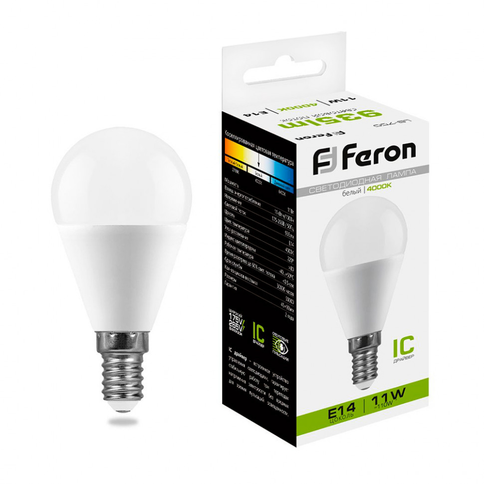Лампа светодиодная Feron LB-750 Шарик E14 11W 175-265V 4000K, артикул FERON 25947