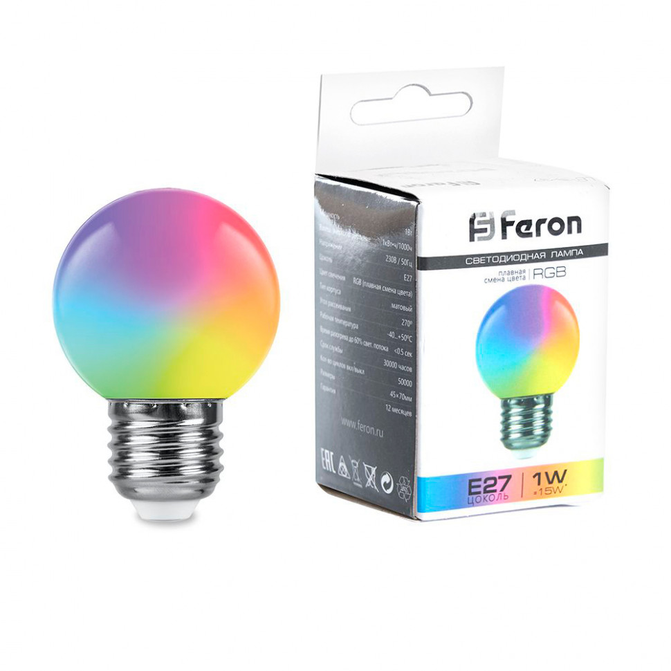 Лампа светодиодная Feron LB-37 Шарик матовый E27 1W 230V RGB плавная сменая цвета, артикул FERON 38116