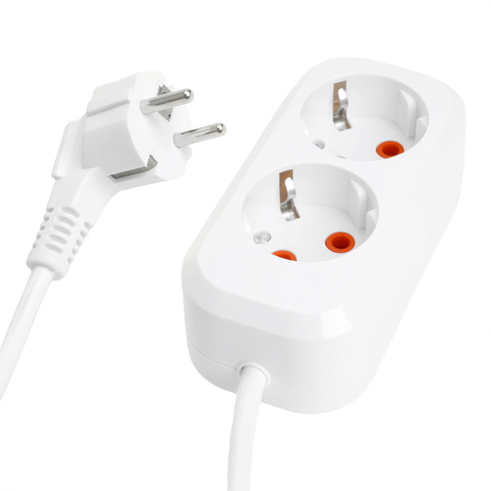 Удлинитель двухместный с/з  STEKKER HM06-21-02 3x1мм2, 2м, серия Home, белый, артикул STEKKER 49339