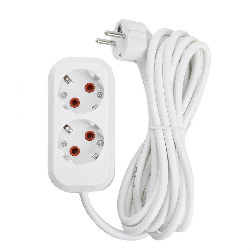 Удлинитель двухместный с/з  STEKKER HM06-21-02 3x1мм2, 2м, серия Home, белый, артикул STEKKER 49339