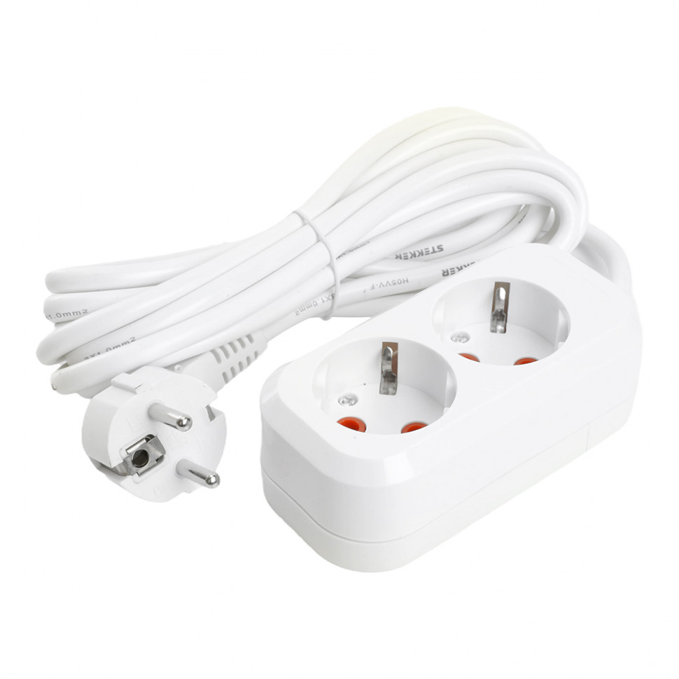 Удлинитель двухместный с/з  STEKKER HM06-21-02 3x1мм2, 2м, серия Home, белый, артикул STEKKER 49339