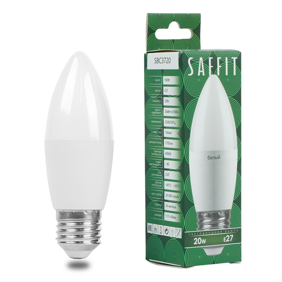 Лампа светодиодная SAFFIT SBC3720 Свеча E27 20W 230V 4000K, артикул SAFFIT 55270