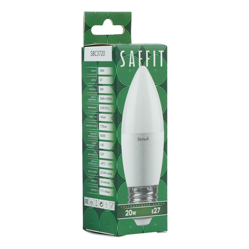 Лампа светодиодная SAFFIT SBC3720 Свеча E27 20W 230V 4000K, артикул SAFFIT 55270