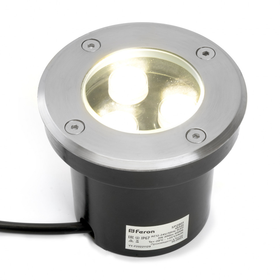 Светодиодный светильник тротуарный (грунтовый) Feron SP2801, 3W, AC/DC12-24V, низковольтный, 4000К, черный,100*H80mm, вн.диаметр: 70mm, IP67, артикул FERON 48345