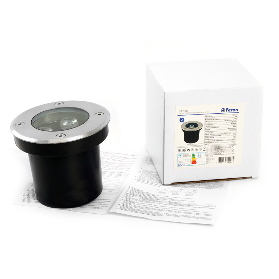 Светодиодный светильник тротуарный (грунтовый) Feron SP2801, 3W, AC/DC12-24V, низковольтный, 4000К, черный,100*H80mm, вн.диаметр: 70mm, IP67, артикул FERON 48345