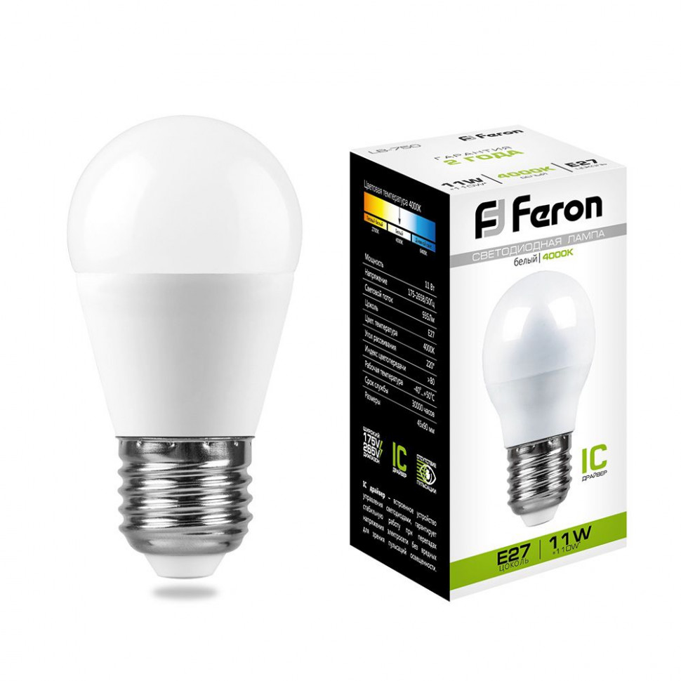 Лампа светодиодная Feron LB-750 Шарик E27 11W 175-265V 4000K, артикул FERON 25950