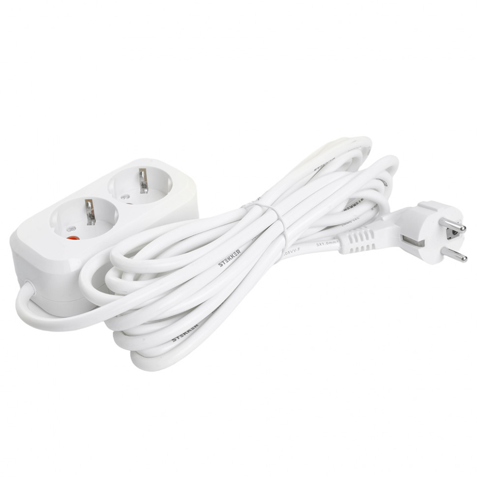 Удлинитель двухместный с/з  STEKKER HM06-21-05 3x1мм2, 5м, серия Home , белый, артикул STEKKER 49341