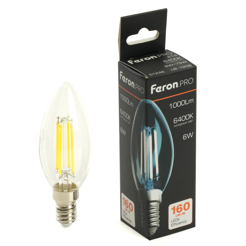Лампа светодиодная Feron.PRO LB-1206 Свеча E14 6W 1000LM 175-265V 6400K, артикул FERON 51246