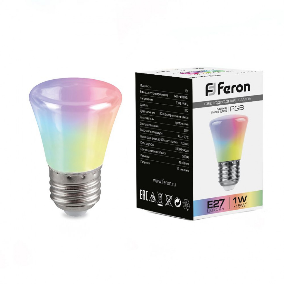 Лампа светодиодная Feron LB-372 Колокольчик матовый E27 1W RGB быстрая смена цвета, артикул FERON 38128
